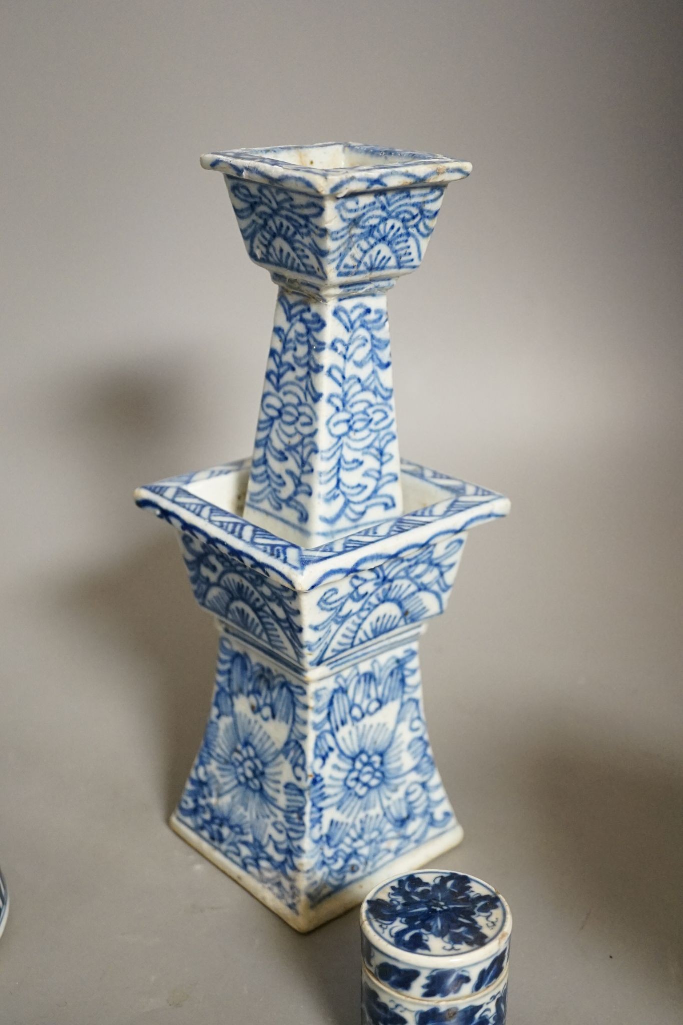 A group of 19th century Chinese blue and white vases, tallest 38.5cm, pots and a candlestick (5)